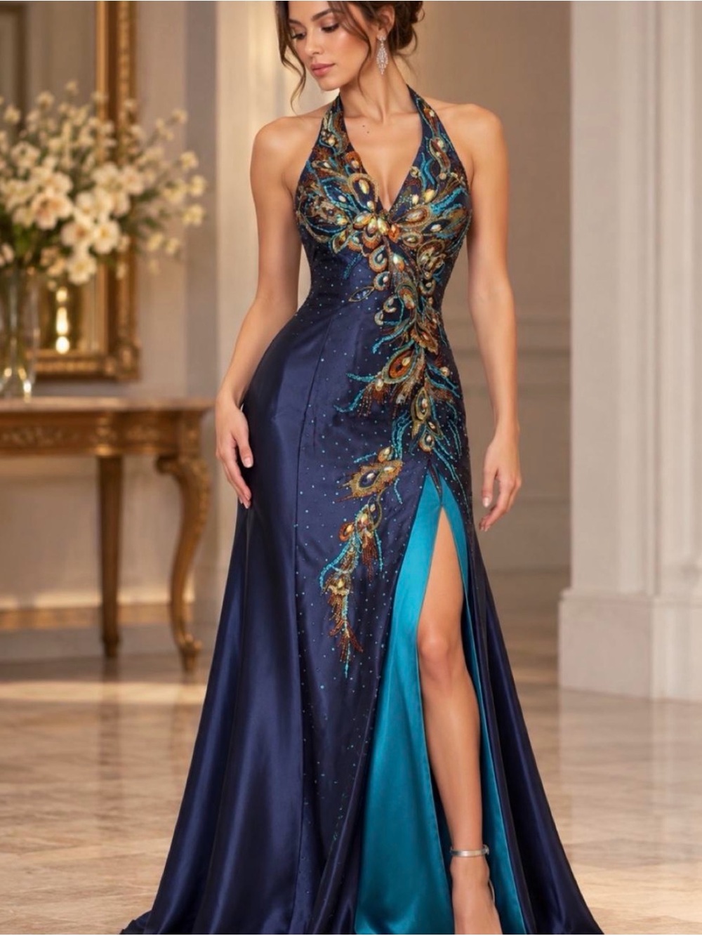 Vintage Tony Bowls Evenings Peacock Beaded Halter Gown sz 6